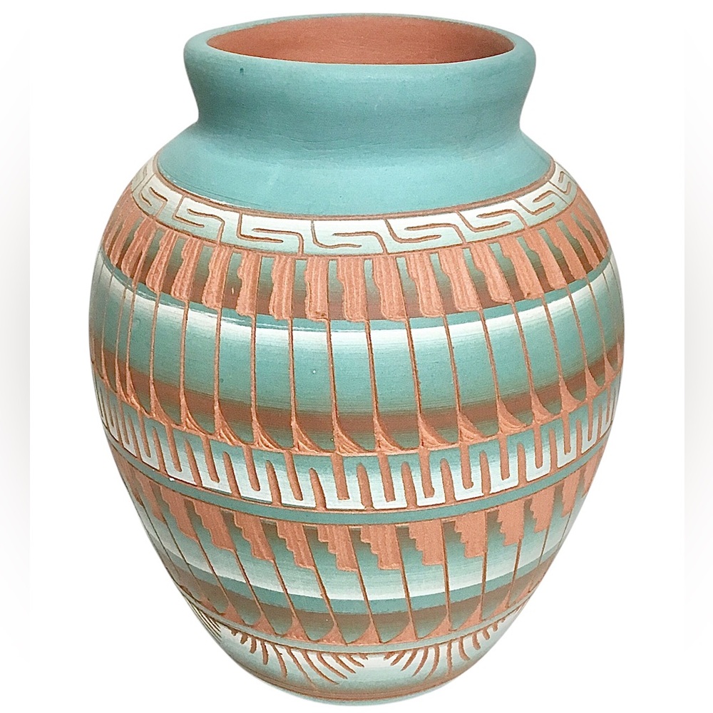 Vintage Vera Thompson Signed Turquoise Navajo Art Pottery Vase